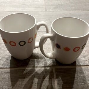 2x Corelle Stoneware "HOT DOTS" Coffee Cup Mugs white multi color dots Retro